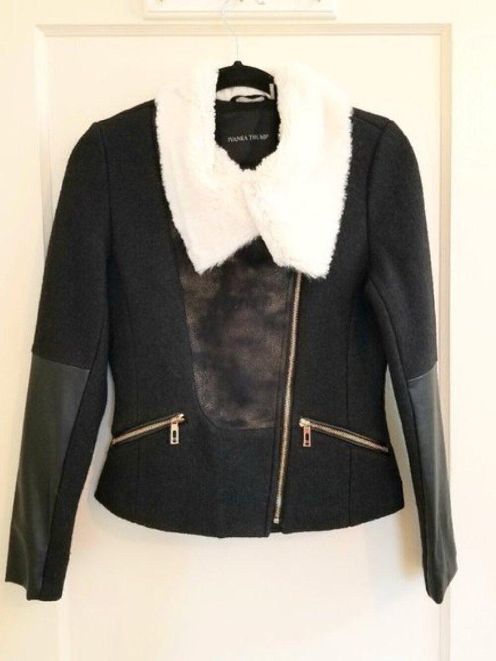 Ivanka Trump Sherpa Moto Jacket Black Faux Leather Trim Size 10